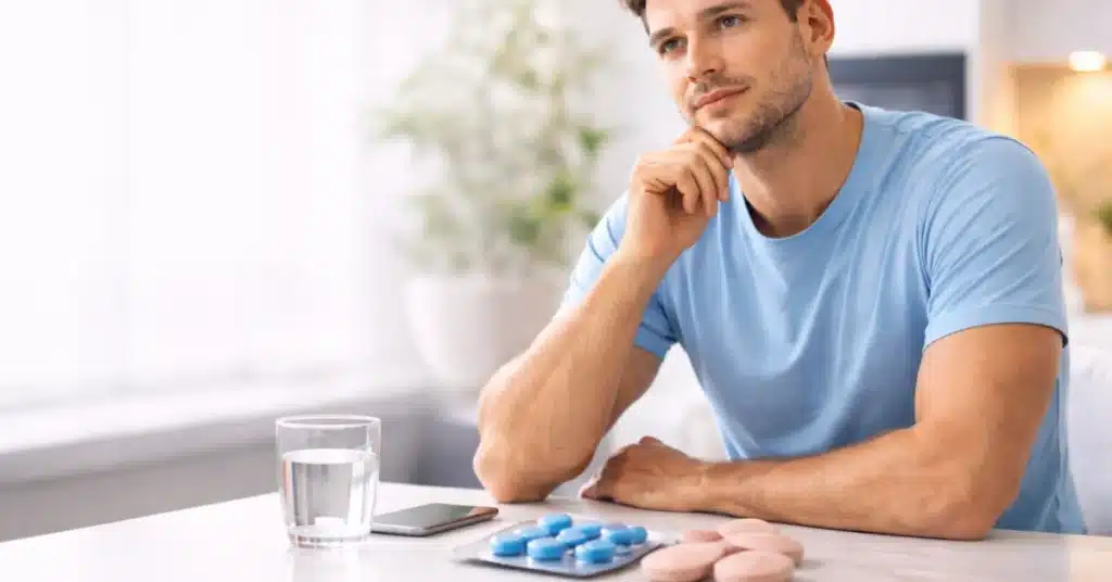 Man denkt na over hoe Kamagra werkt met tabletten en glas water op tafel