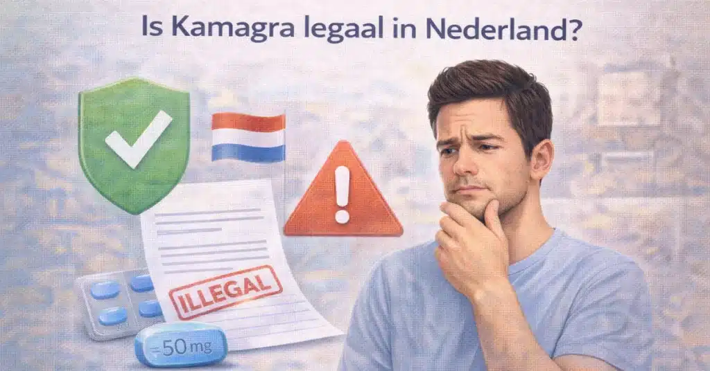 Man twijfelt over of Kamagra legaal is in Nederland met waarschuwingssymbool en document met tekst illegal