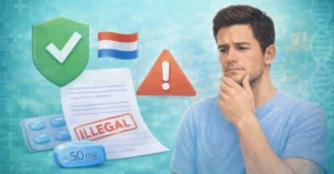 Man twijfelt over of Kamagra legaal is in Nederland met waarschuwingssymbool en document met tekst illegal