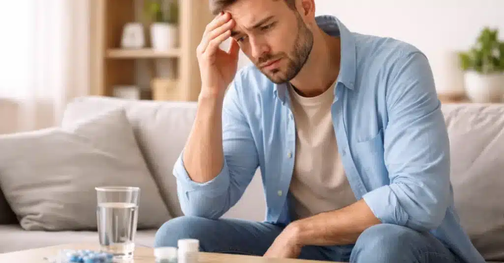 Man met lichte hoofdpijn na gebruik van Kamagra zit op bank met glas water