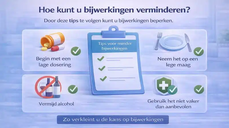 Tips om Kamagra bijwerkingen te verminderen zoals lage dosering lege maag en vermijden van alcohol