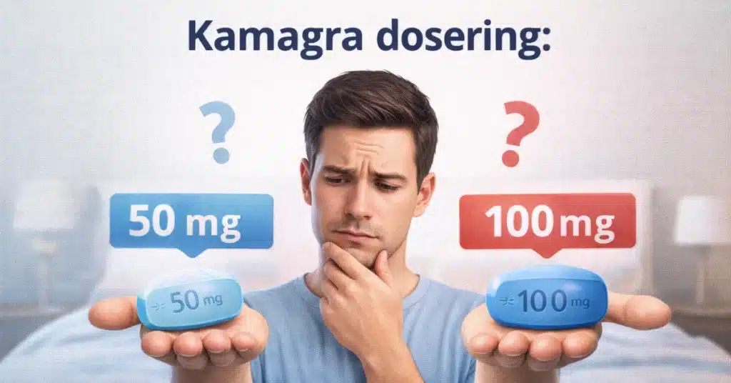 Man twijfelt tussen Kamagra dosering 50 mg en 100 mg met tabletten in beide handen
