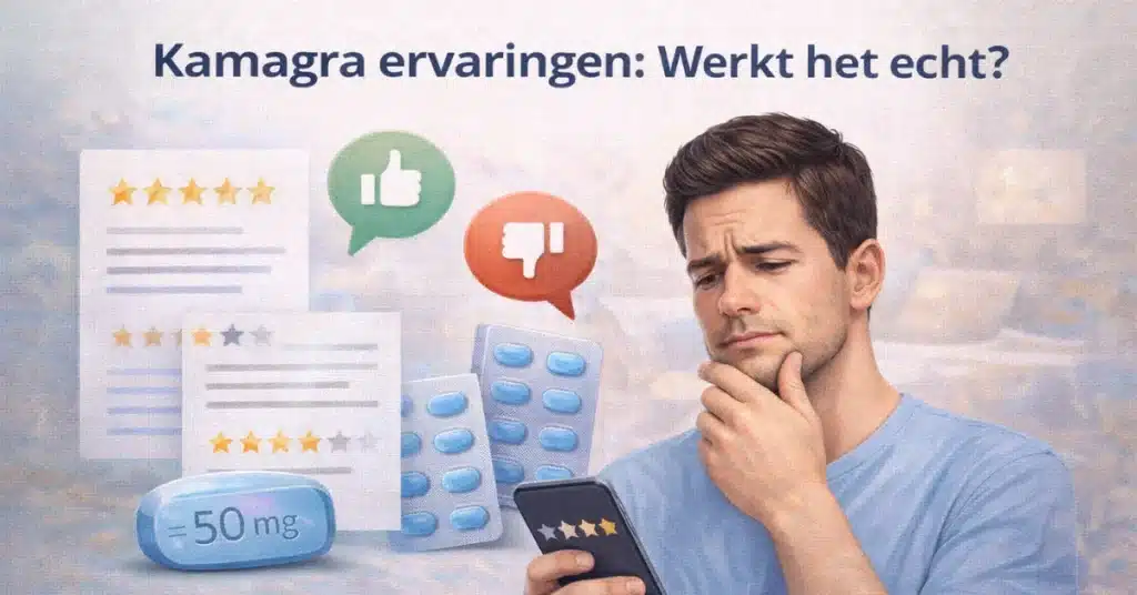 Man leest Kamagra ervaringen en reviews op smartphone met beoordeling en tabletten zichtbaar