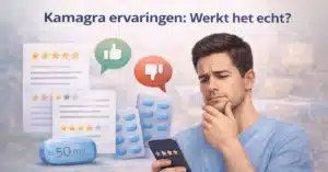 Man leest Kamagra ervaringen en reviews op smartphone met beoordeling en tabletten zichtbaar