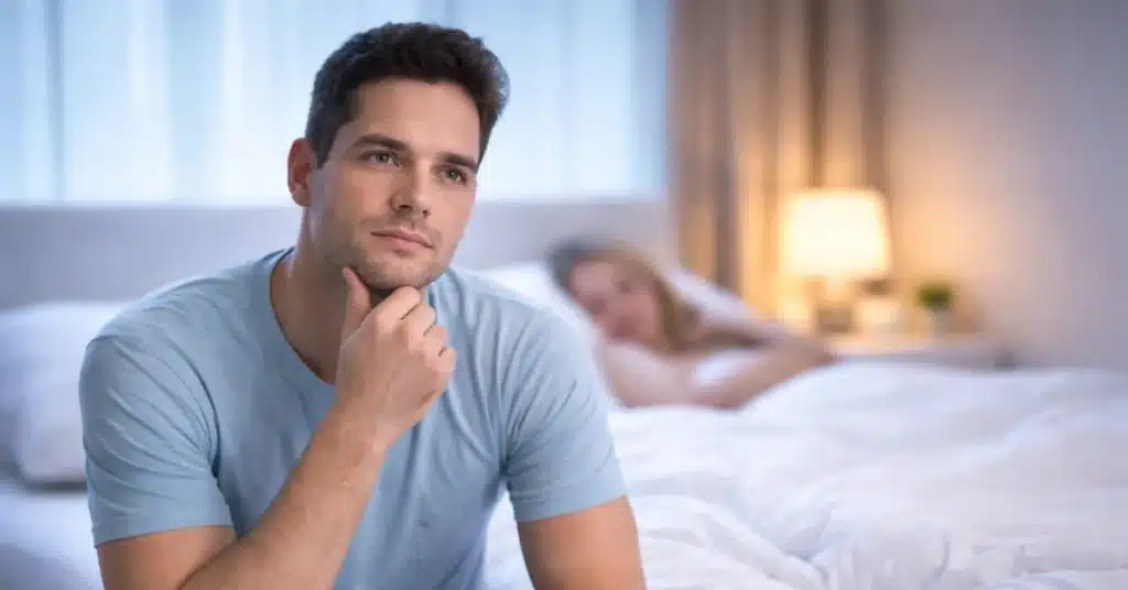 Man zit op bed en denkt na over erectieproblemen en Kamagra kopen in Nederland