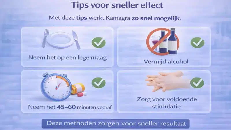 Tips om Kamagra sneller te laten werken zoals lege maag vermijden alcohol en juiste timing