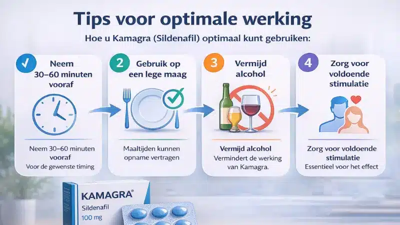 Tips voor optimale werking van Kamagra zoals juiste timing lege maag en vermijden van alcohol
