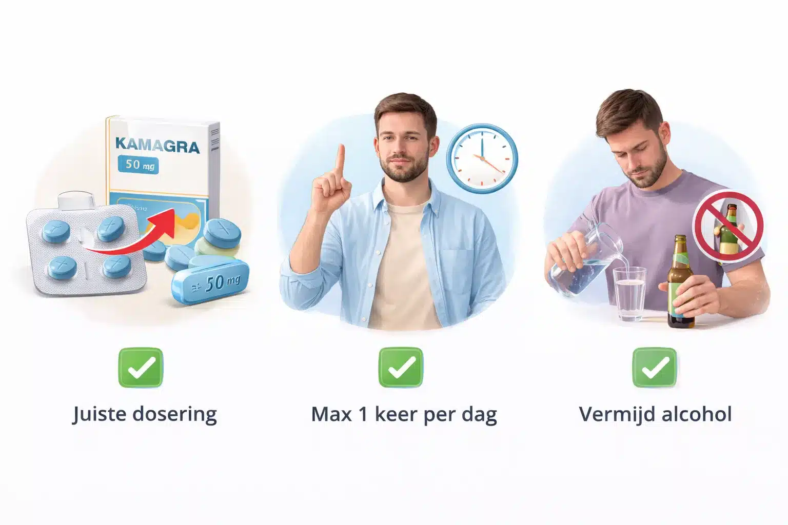Tips voor veilig gebruik van Kamagra zoals juiste dosering maximaal 1 keer per dag en alcohol vermijden