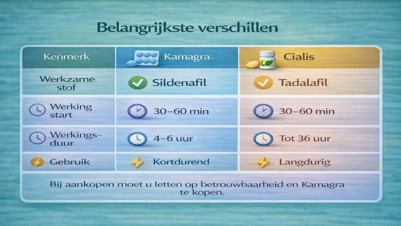Vergelijkingstabel Kamagra vs Cialis met werking duur en verschillen uitgelegd