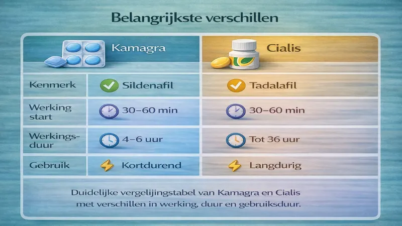 Vergelijkingstabel van Kamagra en Cialis met verschillen in werking start duur en gebruik