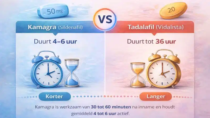 Vergelijking van werktijd tussen Kamagra en Tadalafil met 4 tot 6 uur versus tot 36 uur effect