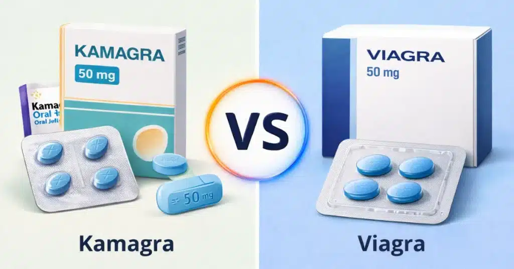 Vergelijking tussen Kamagra en Viagra met tabletten en producten naast elkaar