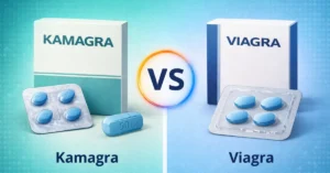Vergelijking tussen Kamagra en Viagra met tabletten en producten naast elkaar