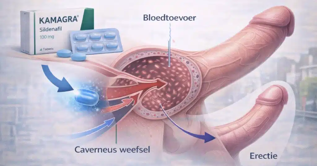 Uitleg van Kamagra werking met verbeterde bloedtoevoer door Sildenafil voor erectieproces