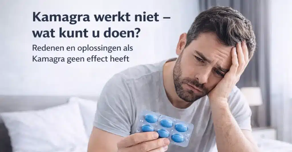 Man kijkt teleurgesteld naar Kamagra pillen omdat het middel niet werkt en zoekt naar oplossingen