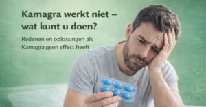 Man kijkt teleurgesteld naar Kamagra pillen omdat het middel niet werkt en zoekt naar oplossingen