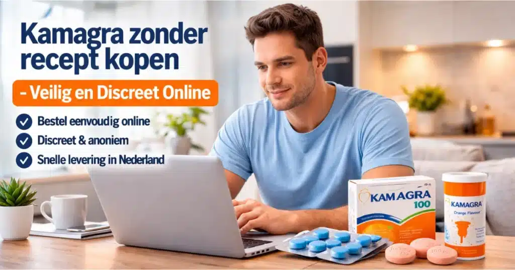 Man bestelt Kamagra online zonder recept via laptop thuis