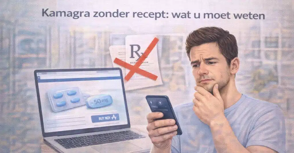 Man bekijkt Kamagra zonder recept op smartphone en laptop met online aankoop en medicatie zichtbaar