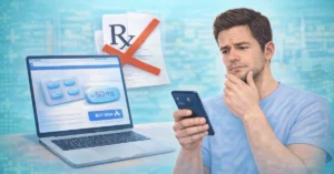 Man bekijkt Kamagra zonder recept op smartphone en laptop met online aankoop en medicatie zichtbaar