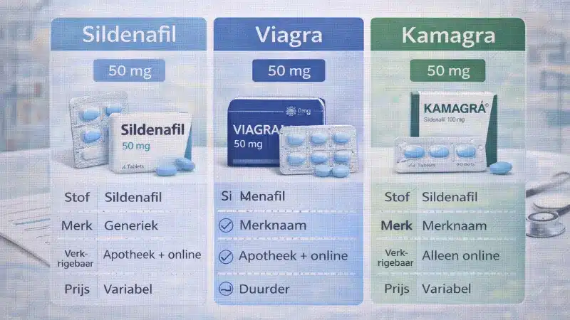 Vergelijking tussen Sildenafil Viagra en Kamagra met verschillen in stof merk en verkrijgbaarheid