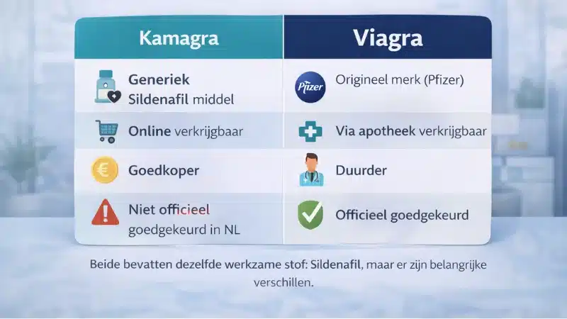 Overzicht van verschillen tussen Kamagra en Viagra zoals prijs verkrijgbaarheid en goedkeuring